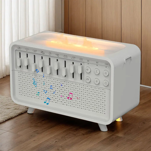 White Noise Sound Machine Flame Air Diffuser Humidifier with 8 Nature Sounds Night Light BT Speaker for Babies Kids and Adults